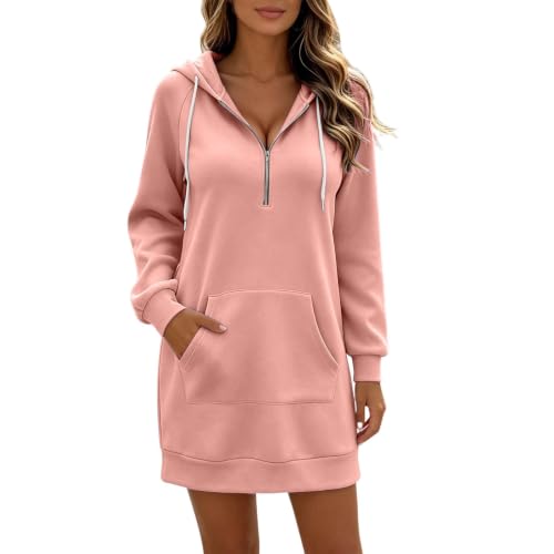 Image of Hoodie Dress for Women Half Zip Long Sleeve, Pink, L