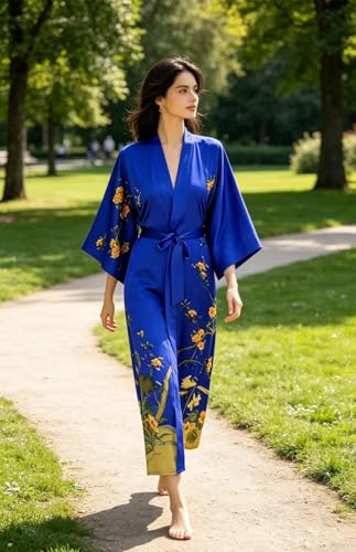 Image of Women's Classic 100% Silk Kimono Robe, Bathrobe-Printed Pattern