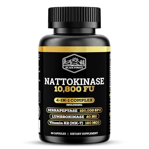 Black Forest Nattokinase 10,800 FU with Vitamin K2 MK-7 – Soy-Free Triple Enzyme (Lumbrokinase & Serrapeptase) – Enteric Coated Vegan Capsules for Overall Wellness Support – 60 Capsules