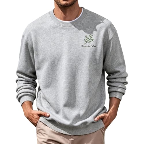 Image of Men's Sweatshirt with Crew Neck Botanical Embroidery Casual Tops | Delicate Leaf Embroidery Detail Regular Fit Ribbed Collar Cuffs Breathable Cotton Blend Everyday Wear Grey S