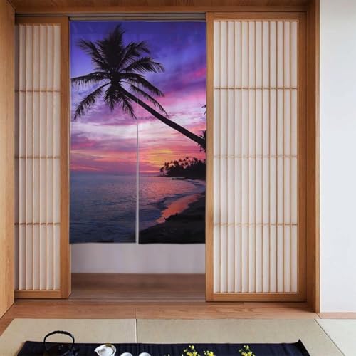 ハワイ 夕暮れ 海 ヤシの木 熱帯 のれん 間仕切り 遮光 暖簾 ロング 目隠し カーテン 玄関 キッチン リビング 出入り口 飲食店 幅86cm*丈1143cm かわいい おしゃれ 年中使用 シンプル プレゼント z100b