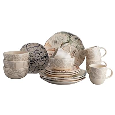 Corona Dinnerware Set 16–piece, Plates Bowls and Mugs Set, Ceramic Sets for 4, Microwave and Dishwasher Safe, Ziba Mushrooms Inspired Design