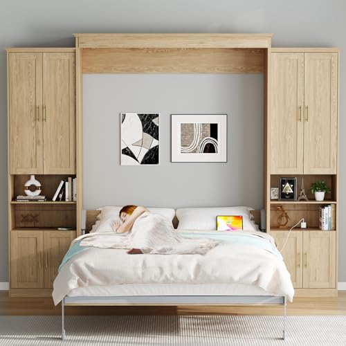 Rophefx Murphy Bed Queen with 2 Side Cabinet Storage Shelves, Queen Wall Bed Cabinet with USB Port, Wood Foldable Platform Bed Frame, Space Saving Beds, Hidden Bed for Guest Room, Natural Wood Color