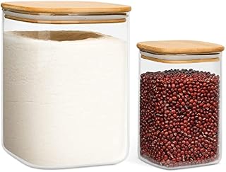 ComSaf 3300ml/1100ml Square Glass Jars with Bamboo Lids, Large Glass Storage Jars, Wide Mouth Food Storage Container with Airtight Lids for Flour, Sugar, Rice, Pasta, Oats, Grains, Snacks, Candy