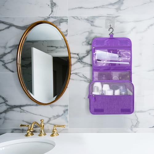 Image of Lcsmaokin Large Capacity Toiletry Bag Travel Bag with Hanging Hook for Men and Women Waterproof Travel Cosmetic Bag Bathroom Storage Bag for Brushes Set, Full-Sized Shampoo, Toiletries, Accessories, Purple