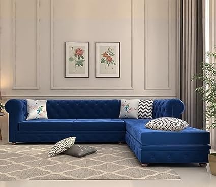 IDEAL HANDICRAFTS Solid Wood Velvet Fabric Seater Sofa Sofa for Living Room Button Tufted Sofa Chair for Home & Office (Left Aligned L-Shaped Blue)