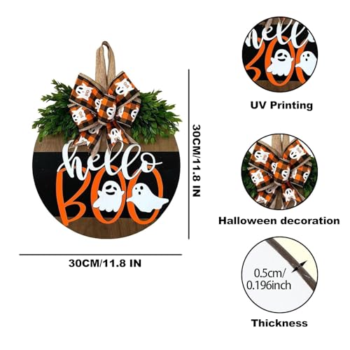 Image of Halloween Wreaths for Front Door Cute Ghost Hanger Sign Decorations Wreath (Hello Boo)