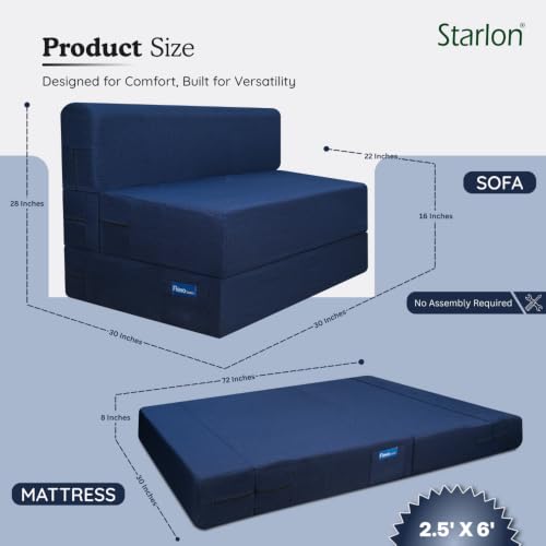 Image of Starlon 1 Seater Foldable Sofa Cum Bed 3-in-1 with 1 Waves Pattern Pillow, Washable Jute Fabric Cover, Space Saving Guest Bed, Pre-Assembled Royal Navy Blue 2.5x6 Ft
