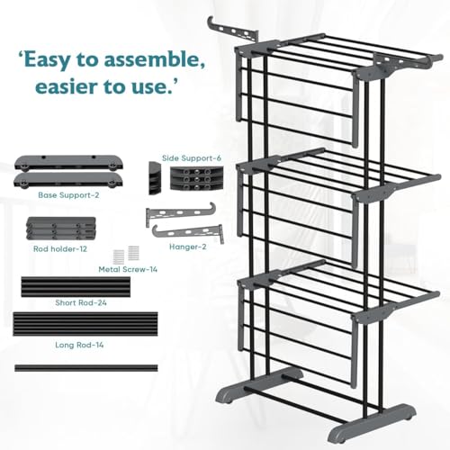 Image of TEKCOOL Foldable Cloth Drying Stand Stainless Steel - 3 Tier Heavy-Duty Clothes Dryer for Balcony, Indoor & Outdoor Use | with Wheels & Hanger Slots | Rust-Proof Laundry Rack (Grey, 3 TIRE):