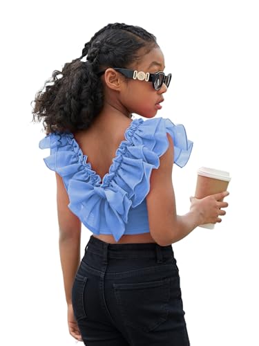 Image of WDIRARA Girl's Ruffle Trim Bow Back Tiered Layer Square Neck Wide Strap Slim Fit Crop Cami Top