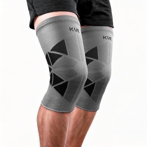 Image of KUE Knee Compression Sleeve Support for Men & Women | Pain Relief, Injury Recovery, Sports, Running, Gym, Cycling, Workout | Knee Brace for Joint Support (L, Grey, Pack of 2)
