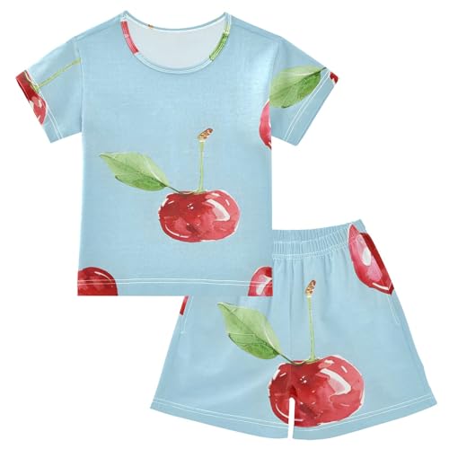 Summer Pajama Set Red Cherry Blue, Short Sleeve Sleepwear Nightwear