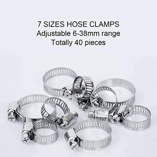 Odluzy 40 Pcs Hose Clamp Assortment, 7 Sizes Adjustable Pipe Tube, 304 Stainless Steel Worm Gear Hose Spring Clamp for Pipe, Tube, Fuel Line, Plumbing