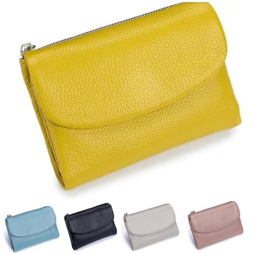 Unisex Pebble Leather Wallet, Small Wallets for Women, Coin Holder & Cash Slots, Genuine Leather Wallets for Men and Women, Small Compact Bifold Pocket Purse with Credit Card Holder (Yellow)