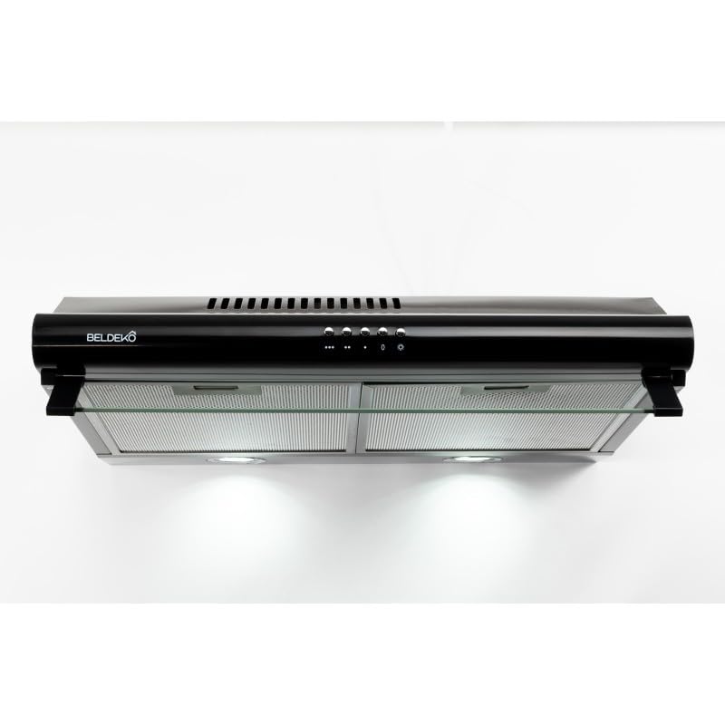 Hotte casquette visière BELDEKO 60 cm – Noir – Double moteurs – Débit jusqu’à 435 m³/h – 3 vitesses – Filtres lavables + filtre à charbon – Éclairage LED – Évacuation ou recyclage – Marque française