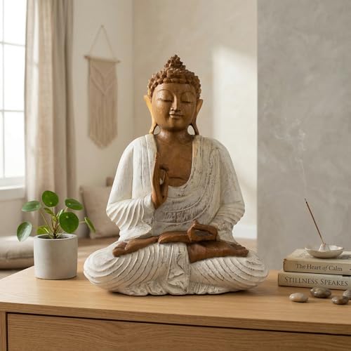Estatua de Buda de madera tallada 16 in blanco lavado miniatura 2