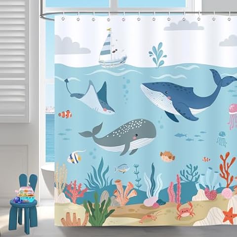 Bonhause Blue Ocean Whale Shower Curtain Cover