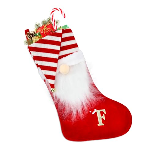 Christmas Stocking, 50cm Large Personalized Christmas Stockings, Fireplace Gnomes Santa Hanging Stockings Christmas Bell Letter Embroidery Christmas Socks for Family Holiday Xmas Party Decorations (F)