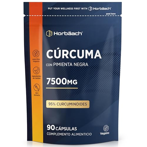 Cúrcuma con Pimienta Negra en cápsulas 7.500mg | 3 Meses de Suministro - 90 Cápsulas Veganas | Curcumina de máxima potencia con Piperina | de Horbaach