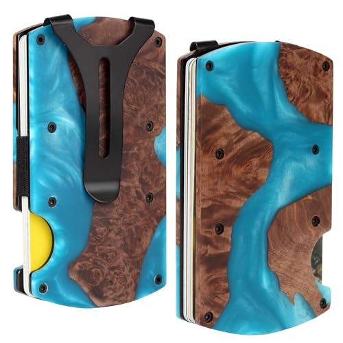 Image of Minimalist Wallet for Men, Slim Metal RFID Blocking Wallet Credit Card Holder Money Clip & Cash Strap, Scratch-Resistant Holds 15 Cards,Ideal Gift for Men | Resin Wood, Unique Pattern ,Light Blue