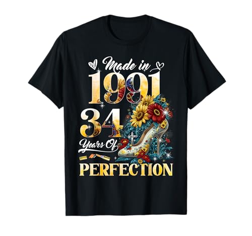 34th Birthday Floral Made in 1991 34 Years Old Sunflower T-Shirt