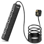 PARTH 2M Black Extension Lead Surge Protection - 5 Gang Multi UK Plug Extension Socket with Switches - 2 Metre Long Heavy Duty Cord Extension Cable- Wall Mounted 5 Way Power Extension 3250W/13A