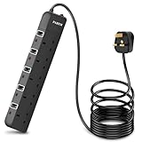 PARTH 10m Surge Protected Extension Lead 5 Way, Extension Cable 5 Gang UK Plug Extension Socket, Black Extension Lead with Switches, 10 Metre Extra Long Wall Mounted Extension Cord (13A/3250w)
