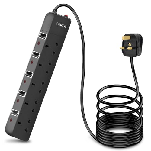 PARTH 2M Black Extension Lead Surge Protection - 5 Gang Multi UK Plug Extension Socket with Switches - 2 Metre Long Heavy Duty Cord Extension Cable- Wall Mounted 5 Way Power Extension 3250W/13A
