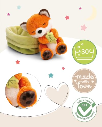 NICI Kuscheltier Fuchs mit Blatt 12cm schlafend im im Körbchen - orange - Stofftier aus weichem Plüsch, niedliches Plüschtier zum Kuscheln und Spielen, für Kinder & Erwachsene - 61581