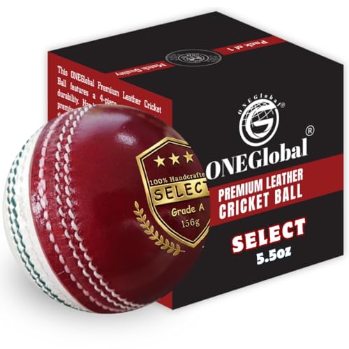 Image of ONEGlobal Select Leather Cricket Ball for Match, Practice & Training | Senior 5.5oz & Junior 4.75oz Genuine Leather Hard Cricket Balls in Red, White, Pink or Red&White (1-RED&WHITE, Senior)