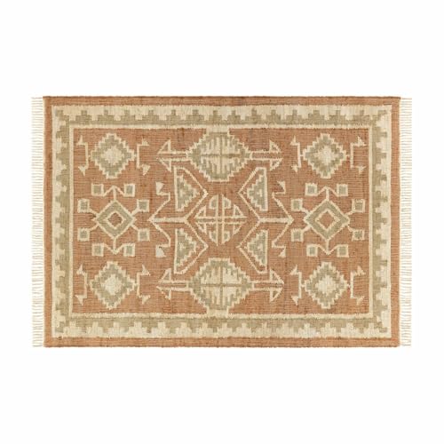 Loberon Teppich Serenath, Punja-Kelim-Webart, Strapazierfähig, Natürliche Farbgebung, Texturierte Fransen, 140x200 cm, Wohntextilien, Wohnaccessoire, Jute, braun