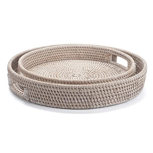 11.8 Inch Round Rattan Tray, Woven Serving Tray With Cut - Out Handles, Wicker Serving Basket, Whitewash #TOP6