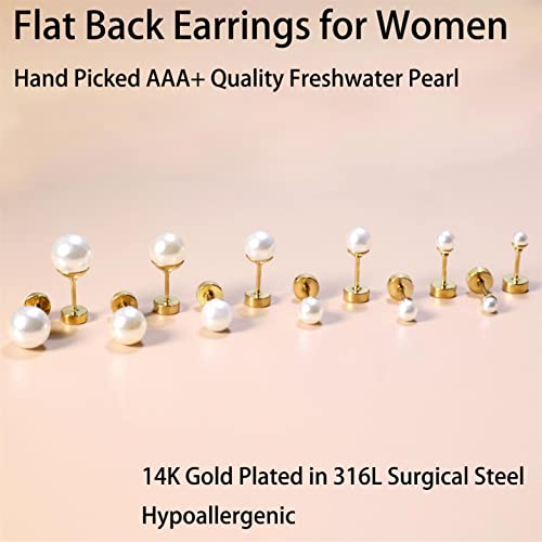 Dainty Flat Back Pearl Earrings for Women, 6 Pairs Flatback Pearl Earrings in 14K Gold Silver 3-8MM Studs Earring Sets for Multiple Piercing Hypoallergenic3