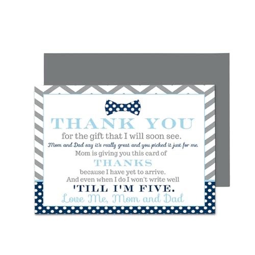 Paper Clever Party Bow Tie Baby Shower Thank You Cards with Envelopes - Blank Notes with Prefilled Message - Personalize for Boys’ Gifts - Blue and Grey Notecard Set - 15 Pack, 4x6 Printed