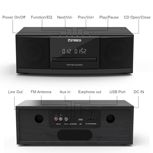 Vintage Bluetooth Stereo System for Home, THINKYA 36W RMS Micro HiFi Systems CD Player Dual 3&rdquo; Bass with Bluetooth Audio Streaming, FM Radio, USB Port, Aux-in, Remote Control(NO Clock & Alarm)