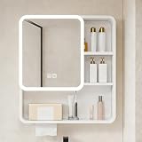 Armadietto a Specchio Bagno LED con Angoli Arrotondati, Mobile Pensile in Alluminio e Fibra di Carbonio, Salvaspazio Parete con Funzione Antiappannamento, Design Elegante.(White,60 x 11 x 65 cm)