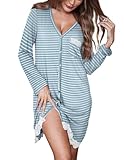 Ekouaer Womens Striped Nightgown Long Sleeve Nightgowns Button Down Sleep Shirts Night Shirts Green XL