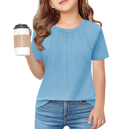 Girls Pleated T-Shirts Ruffle Short Sleeve Crewneck Solid Color Loose Shirts Summer Casual Basic Fashion Tees Tops4