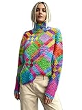 Women's Turtleneck Sweater with Rainbow Plaid Print, Colorful Knit Long Sleeve Oversized Knit Pullover Top