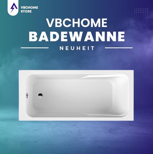 VBChome Badewanne 170 x 80 cm Weiß Acryl SET Wannenträger Siphon Wanne Rechteck Design Modern Styroporträger Ablaufgarnitur in Chrom 170x80 cm