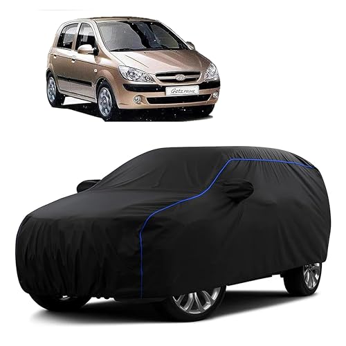 Image of Sulfar 100% Water Resistant Car Body Cover Compatible with Mirror for Hyundai Getz (Triple Stitched, Full Bottom Elastic, Black Tafetta with Blue Piping)