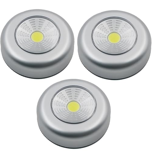 3 Pack COB LED Battery-Powered Wireless Night Light Tap Touch Push Lamp - Self Adhesive Push Light for Closets, Cabinets, Counters or Utility Rooms, Cordless Puck Light