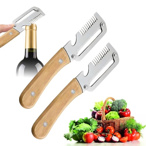 Stainless Steel Vegetable Peeler with Wooden Handle 2-in-1 Multifunctional Tool with Bottle Opener Ergonomic Potato Peeler & Fruit Slicer Sharp Blade for Carrot Apple Easy Grip Kitchen Tool (2pcs-A)