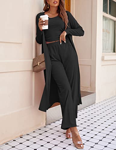 Ekouaer Womens 3 Piece Sweatsuit Open Front Cardigan Crop Tank Tops Wide Legs Pants Lounge Sets Tracksuit Black,Xl #TOP3
