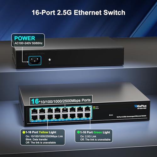 Image of 16 Ports 2.5Gb Unmanaged Ethernet Switch, 16*2.5G Base-T Ports. GiGaPlus 2.5Gbps Network Switch for 2.5Gbps NAS /PC, Wireless AP, WiFi6 Router. Plug and Play, Fanless Design.