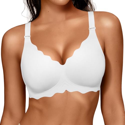 OEAK Women Jelly Bras No Underwire Scalloped Push Up Buttery Soft Tshirt Bra Seamless Full Coverage Convertible Everyday Bra White,XL
