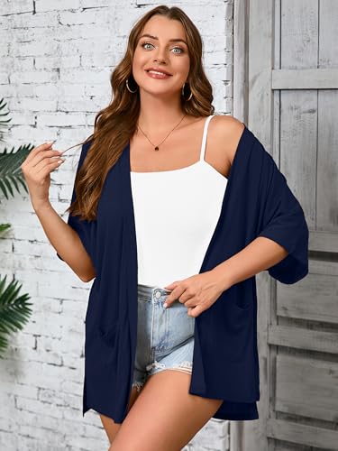 AusLook Plus Size Navy Blue Cardigan for Women 5X Short Sleeve Lightweight Open Front Shrug with Pockets for Dresses and Layering — view 4
