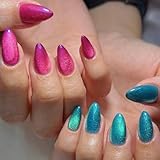 GLAMERMAID Pink Blue Magnet Cat Eyes Press On Nails Short Almond, Aurora Magnetic Handmade Soft Jelly Gel Fake Nails, Ombre Round Oval Stick Glue on Nail Kit for Women, Reusable Acrylic False Nail Set