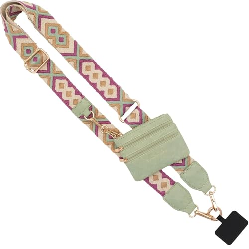 Image of Save the Girls Original Clip and Go Phone Strap Original (Green /Purple Pattern - Green Pouch) - Crossbody Phone Strap Chain with Zipper Wallet Pouch - Phone Lanyard with Zippered Pouch