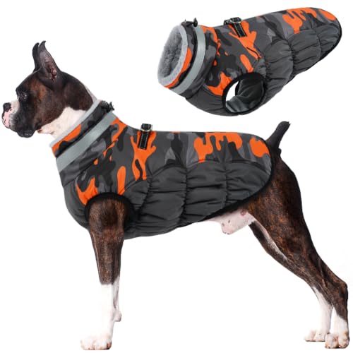 Image of Lelepet Dog Winter Coat with Harness, Waterproof Reflective Camo Jacket